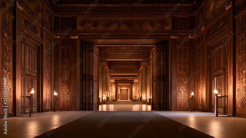 Obraz premium Spacious grand hall of an ancient palace with wooden walls, golden details, and a view through open doors