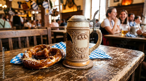 A traditional stoneware beer stein and salted pretzel resting on a weathered wooden table inside a lively tavern filled with joyful people celebrating during a festive communal gathering in