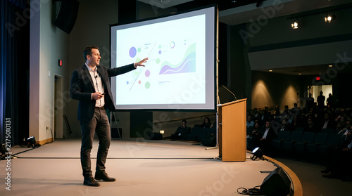 Professional male speaker giving a business lecture to an audience while showing growth charts on a large screen during a formal corporate training seminar within a spacious auditorium hall space