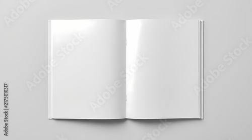 Open blank book with empty pages spread out flat for layout design and creative print display showcasing professional brochure literature content ready for custom text placement and artistic