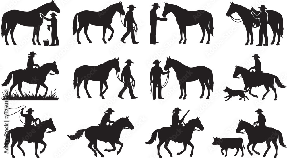 Obraz premium Black silhouette of cowboys and horses in various actions including grooming, riding, roping, and herding cattle for western projects