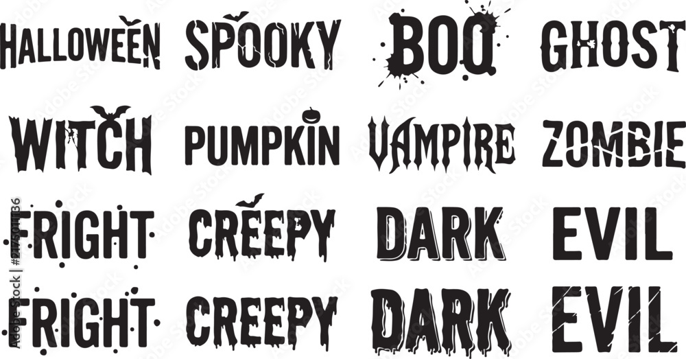 Obraz premium Set of black halloween themed typography featuring spooky words like halloween, spooky, boo, ghost, witch, pumpkin, vampire, zombie, fright, and dark