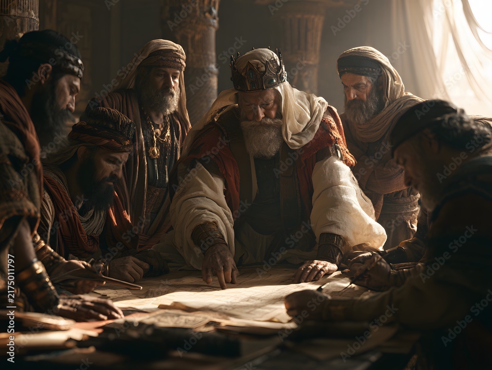 Fototapeta premium Elderly king pointing at a map with advisors in a royal court