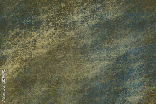Fotografie Abstract weathered and distressed background featuring a dark olive green base with streaks of yellow ochre and touches of slate blue ideal for vintage or industrial design projects