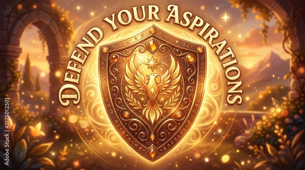 Fototapeta premium Fantasy Golden Shield with Phoenix Emblem, 'Defend Your Aspirations' Text, Magical Glowing Background with Archway and Mountains