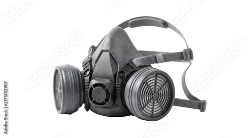 Industrial respirator mask with dual filters, professional gas mask for chemical protection, safety breathing apparatus on white background