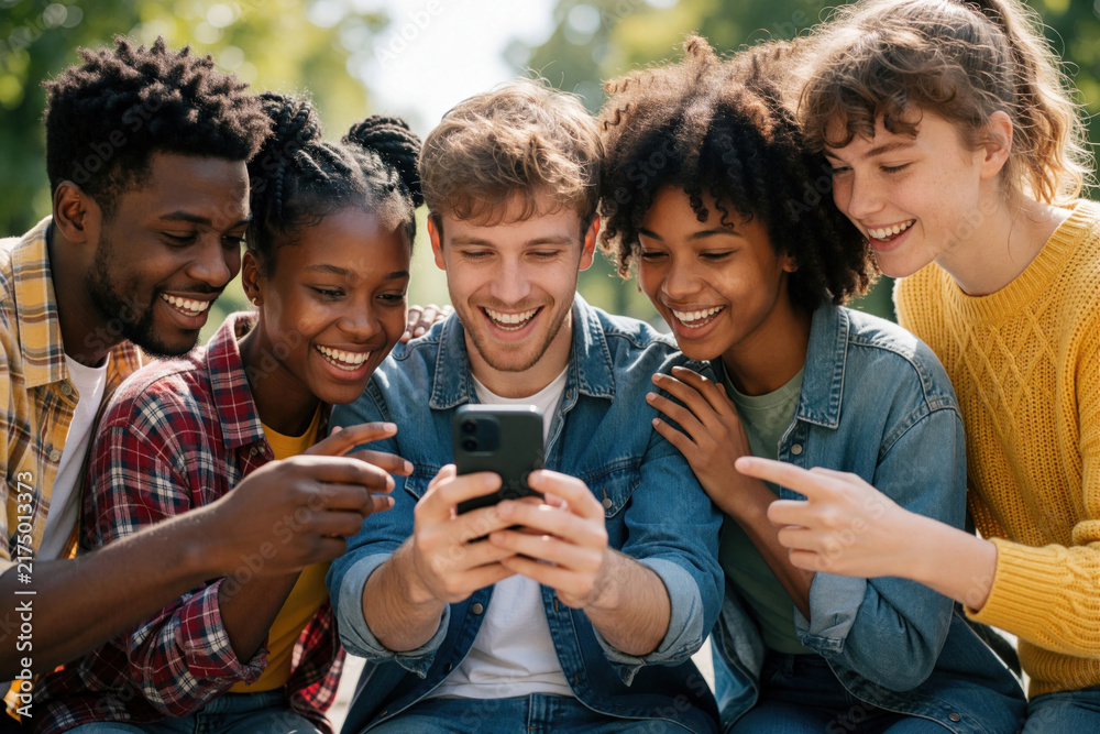 Fototapeta premium Diverse group of young multiracial friends look at smartphone screen together. Happy people smile, laugh sharing content on mobile phone outdoors. Gen Z students enjoy digital connection, social