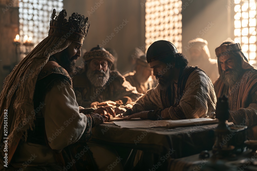 Fototapeta premium A king and his advisors in ancient attire consulting over maps and scrolls in a grand, dimly lit chamber