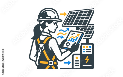 Solar Energy Technician Analyzing Data Flat Design Vector