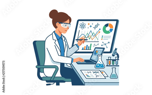Female Scientist Working in Laboratory Vector Illustration