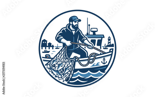 Vintage Fisherman Pulling Fishing Net Vector Logo