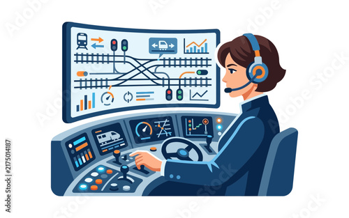 Train Dispatcher Operating Railway Control Panel Vector Illustration