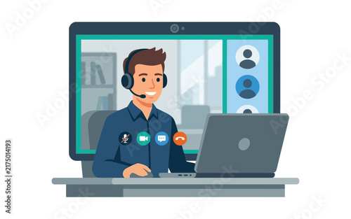 Man on Video Conference Call Vector Illustration