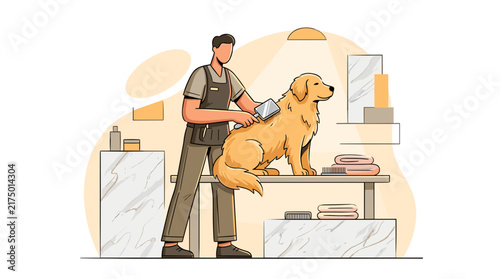 Vector illustration of a professional pet groomer in an apron carefully brushing a golden retriever dog on a grooming table in a modern, clean animal salon with supplies.