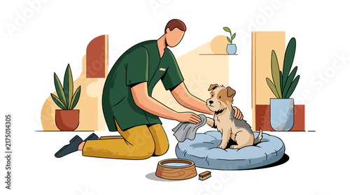 Flat vector illustration of a male professional groomer in a green uniform kneeling to gently clean a small dog's paw with a cloth in a modern pet salon or home setting.