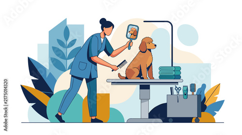 Professional female pet groomer in blue scrubs brushing a brown poodle on a grooming table with a mirror and tools in a flat vector style against stylized nature shapes.