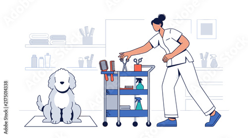 Professional female pet groomer in white uniform organizing grooming tools on a blue cart next to a fluffy white dog in a clean pet spa interior with shelves and supplies.