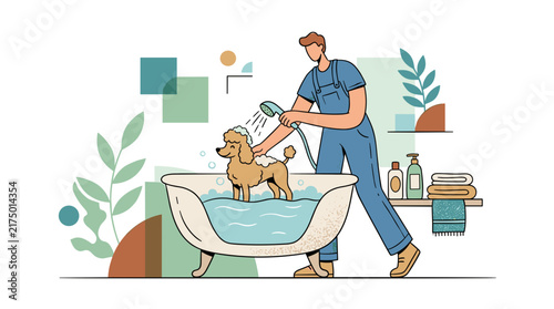 Modern flat vector illustration of a male professional pet groomer in blue overalls washing a small brown poodle dog in a bathtub with bubbles and shower head on a white background.