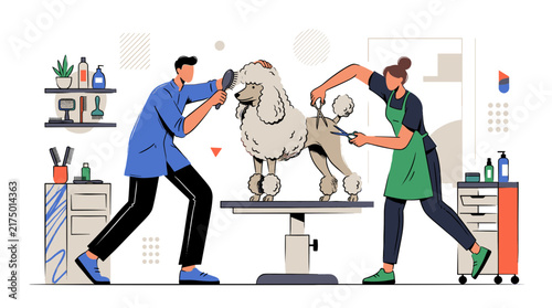 Flat vector illustration of two professional pet groomers, a man and a woman, using scissors and brushes to style a fluffy poodle on a grooming table in a modern salon setting.