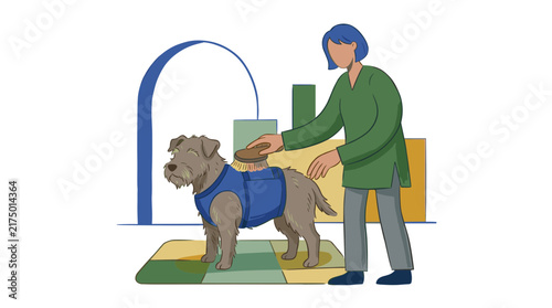 Flat vector illustration of a professional pet groomer gently brushing a senior terrier dog wearing a blue support harness, set against minimalist geometric background shapes.