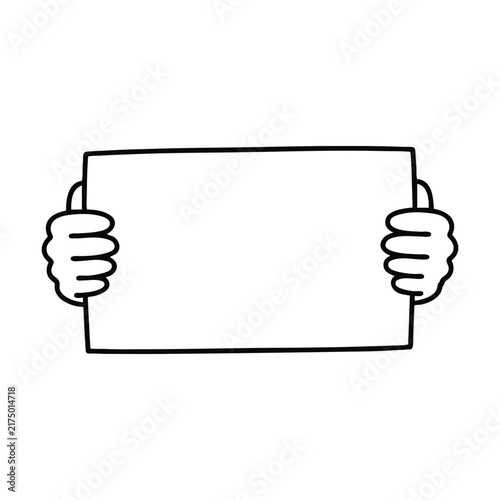 Cartoon hands holding blank sign vector, hand drawn placard frame, minimalist message board illustration for announcements