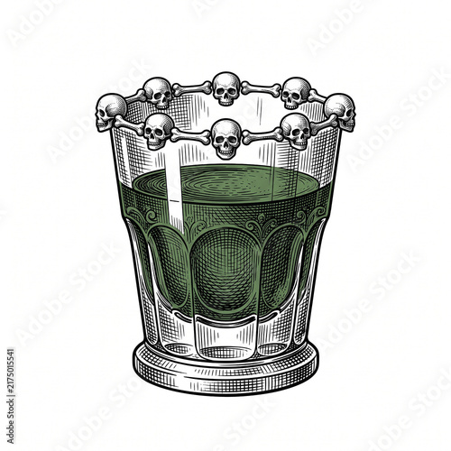 Spooky Halloween cocktail in a glass with green liquid and a ring of skulls in vintage engraving style