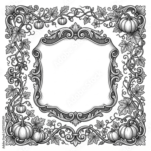 Elegant autumn vintage engraving frame with pumpkins, leaves, and ornate scrollwork with blank copy space