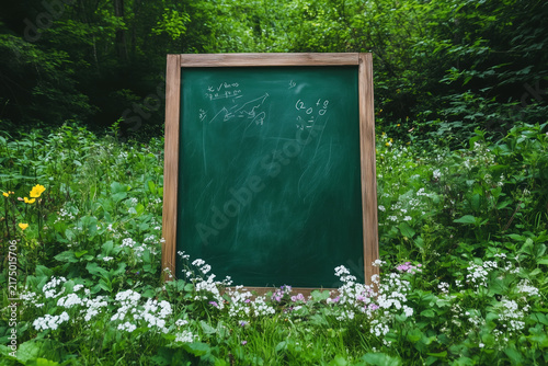 Empty green chalkboard in a wooden frame placed in a garden with green plants and flowers.