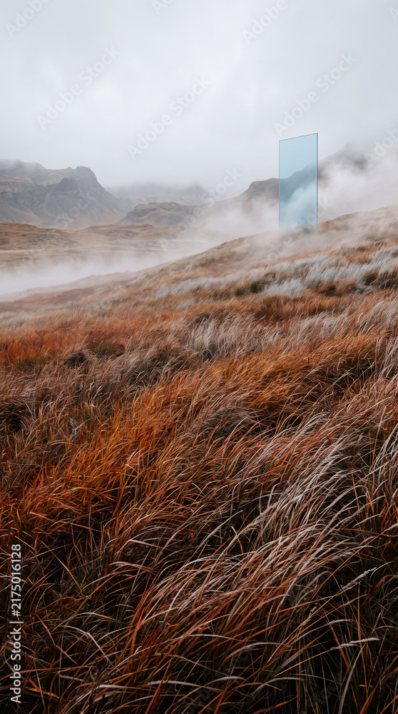 Obraz premium Misty landscape with tall dry grass in foreground and a reflective panel in background, symbolizing transition, introspection, or a gateway.