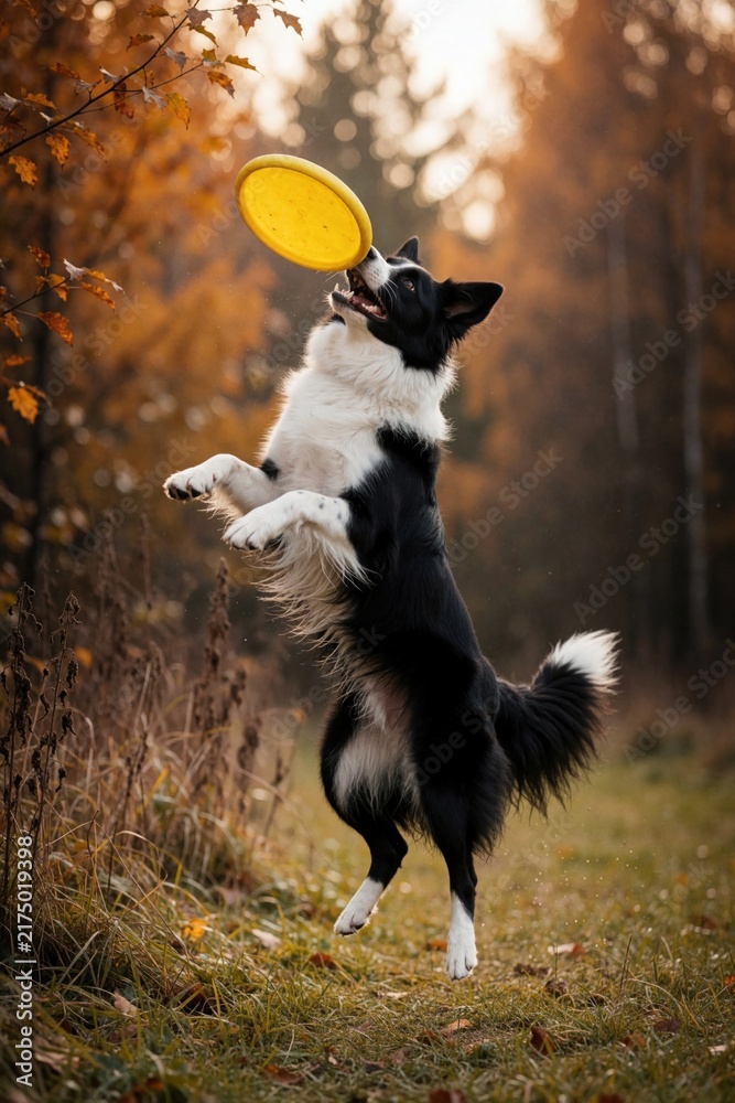 Fototapeta premium Energetic border collie dog jumps high catching yellow frisbee in autumn forest. Active pet plays fetch outdoors among fall leaves. Purebred dog enjoys outdoor activity with toy.
