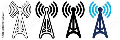 Radio tower icons set, telecommunication antenna vector symbols, wireless signal transmitter collection for network technology