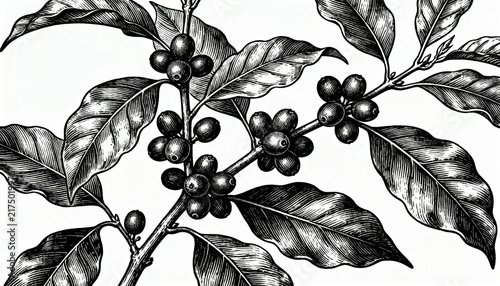 Botanical illustration of a coffee plant branch with raw beans and leaves in a retro vintage engraving style, digital art