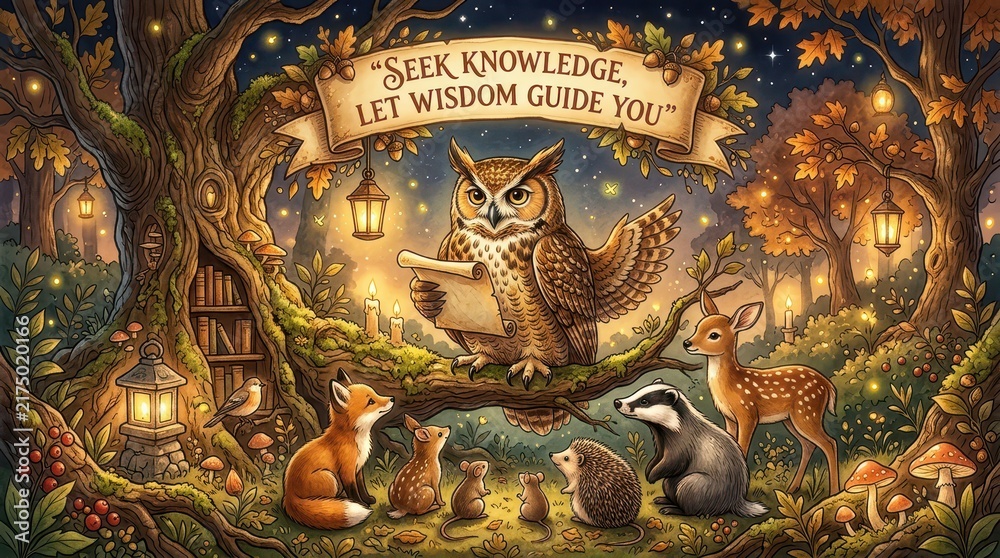 Fototapeta premium Enchanting Forest Scene with Wise Owl and Woodland Animals, 'Seek Knowledge, Let Wisdom Guide You' Banner