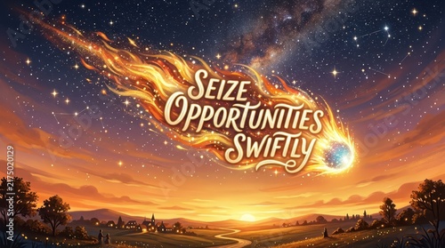 Tapety artystyczne Fiery comet with inspirational text 'Seize Opportunities Swiftly' streaks across a starry sky at sunset over a landscape.