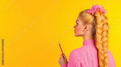 Side view portrait of a blonde young woman holding a pencil against a bright yellow background.
