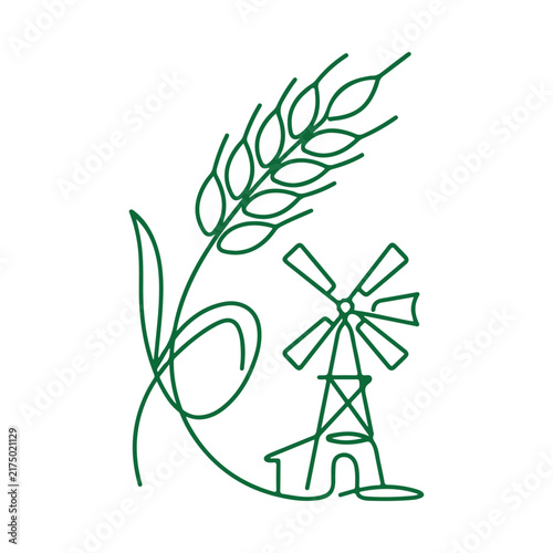 Single continuous line art illustration of a ripe wheat ear stalk arching over a traditional rural farm windmill isolated on white background