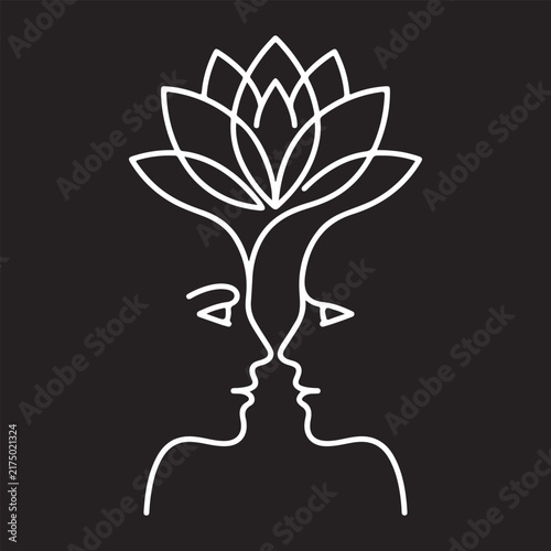 White single continuous line art illustration of two face profiles looking at each other blooming into a lotus flower over a solid black background