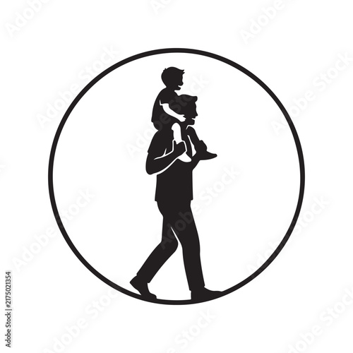 Black solid silhouette of a father carrying his son on his shoulders walking inside a circular border frame layout isolated on white background