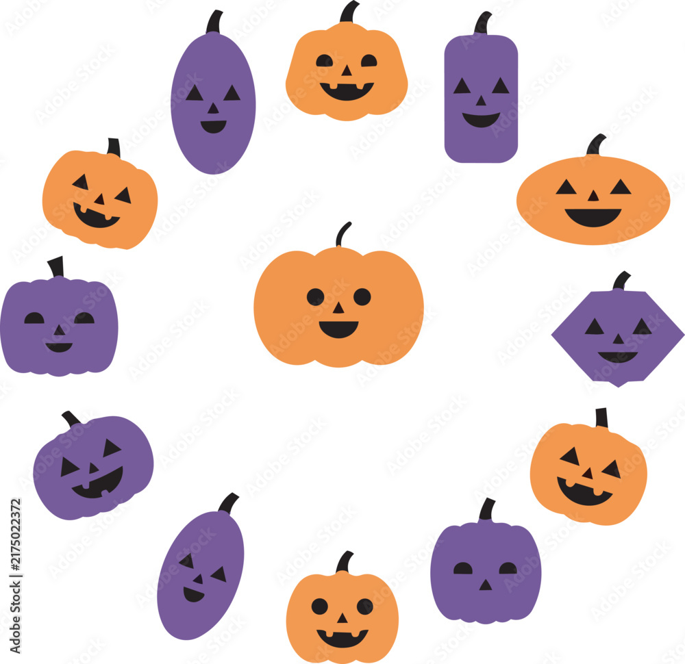 Obraz premium A colorful illustration of various cartoon pumpkins and gourds arranged in a circle on a white background.