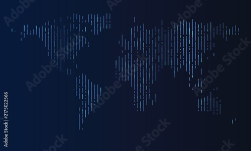 Abstract world map formed by vertical blue lines and dots on a dark gradient background, global network.
