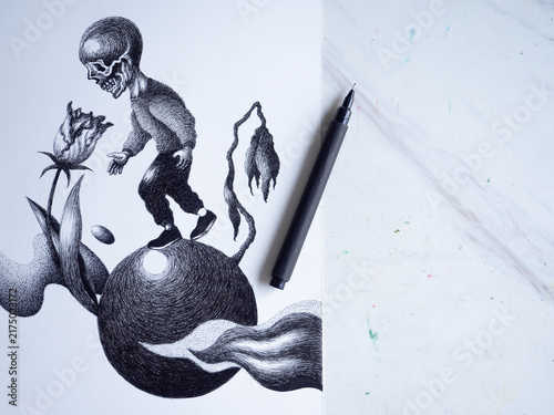 skull head human walking meditation enjoy moment live in present happy mind art illustration design hand drawing peace calm concept balance life relax mental health lifestyle body harmony psychology