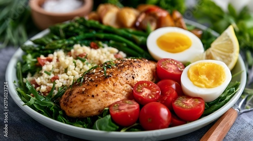 A colorful plate of grilled chicken breast  boiled eggs  cherry tomatoes  asparagus  and couscous on a bed of greens