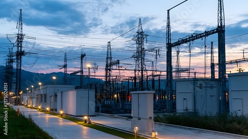 Modern electrical substation at dusk with illuminated pathways  towering transmission lines  and industrial equipment under a cloudy sky
