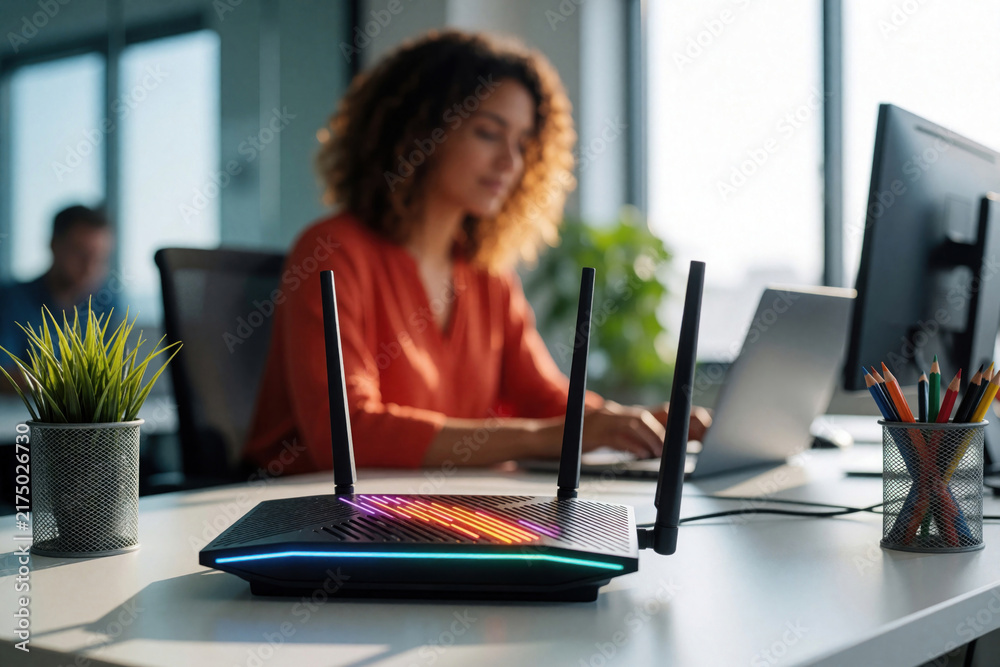 Obraz premium Modern wireless router with glowing lights sits on white office desk. Blurred woman works on laptop in bright workspace. High speed internet device provides wifi connection for pro business tasks,