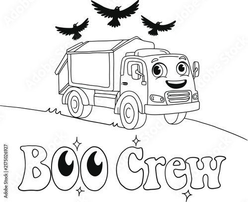 Cartoon garbage truck coloring page with flying crows and boo crew text for kids activity