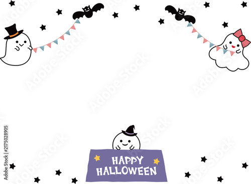 おばけとコウモリがパーティーの準備をする可愛いハロウィン枠