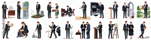 Collection of illustrations depicting various funeral and mourning scenes, including burials, memorials, and people paying their respects in formal attire.