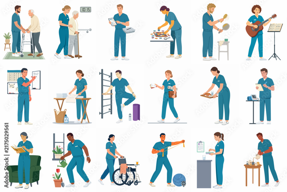 Fototapeta premium Collection of flat vector illustrations depicting diverse healthcare professionals and caregivers providing various support and medical services for elderly patients.