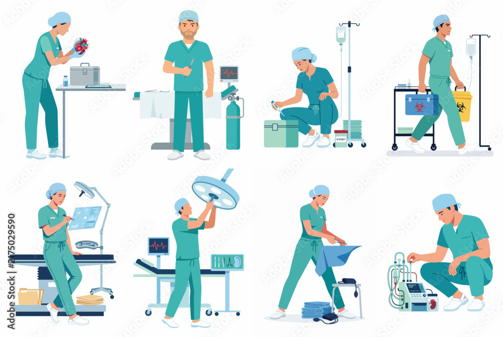 Fototapeta premium Set of Vector Illustrations Showing Medical Professionals and Surgeons Performing Various Tasks in a Hospital and Operating Room Setting