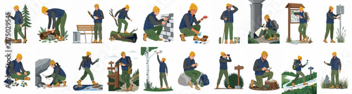 Collection of outdoor survival and hiking illustrations featuring a man exploring, navigating with a map, and camping in the wilderness.